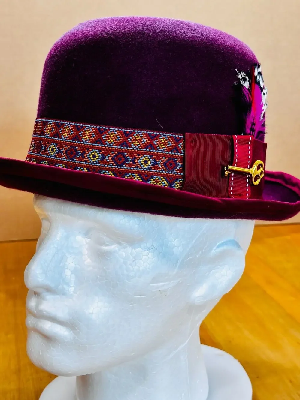 Handmade Burgundy Felt Fedora Hat Feather Key Accent Men’s Large